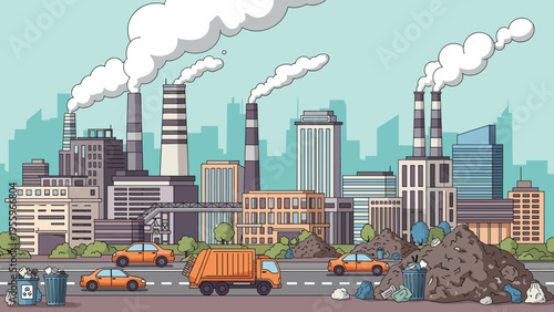 Industrial city landscape shows factory chimneys emitting smoke next to piles of garbage and waste disposal trucks on the road.