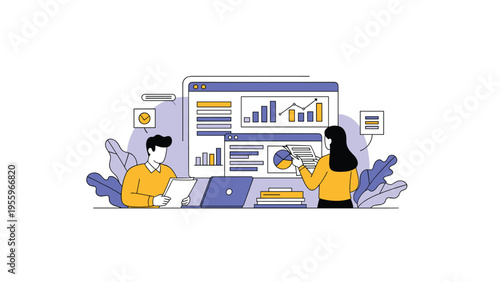 Business professionals collaborate on data analysis using laptops and browser windows showing various statistical charts and graphs.