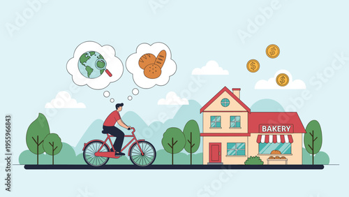 Man riding a bicycle dreams about traveling the world and eating fresh bread while approaching a local bakery building.