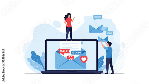 Marketing team manages email campaigns on a large laptop screen featuring sales codes and flying envelopes in a blue setting.