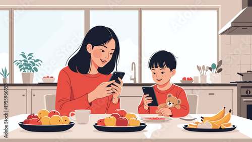 Mother and her young son use their smartphones while sitting at the kitchen table filled with fresh fruit and healthy snacks.