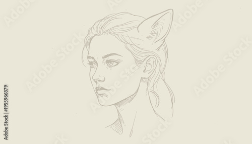 Pencil Sketch Portrait of a Young Woman with Fox Ears, Fantasy Character Design