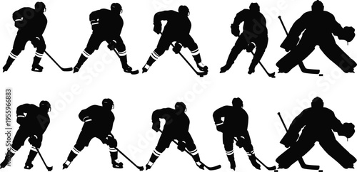 Ice hockey player silhouettes collection including skaters and goalie poses, black vector set for sports action, winter game illustration and design
