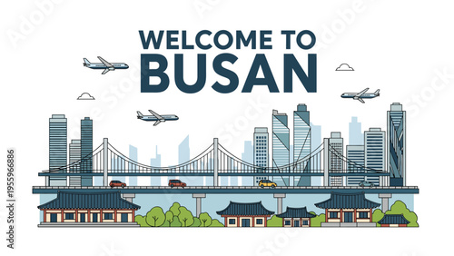 Modern skyline of Busan city features a grand suspension bridge with cars and traditional Korean houses along the waterfront.