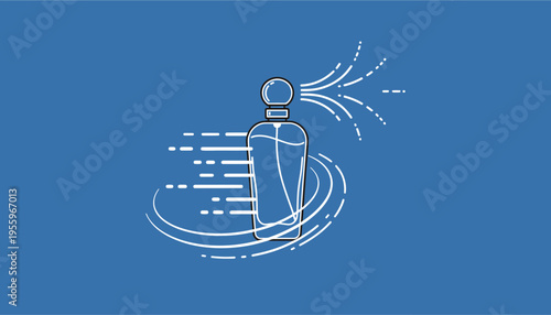 Perfume bottle spraying fragrance with swirling lines and dashes on blue background