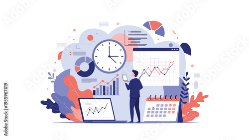 Business analyst stands amidst various data charts, a large clock, and a calendar to manage time and project deadlines effectively.