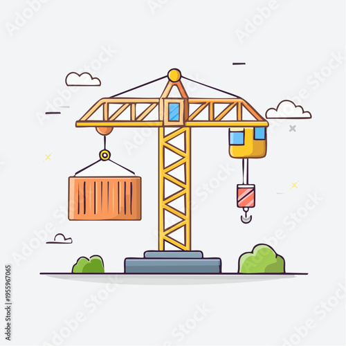 資材を吊り上げる建設クレーンのアイコン 建築工事と物流
