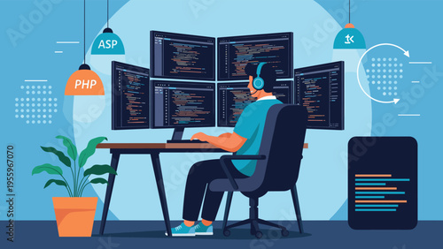 Software developer with headphones sits at a desk working on code across four computer monitors in a blue-themed workspace.