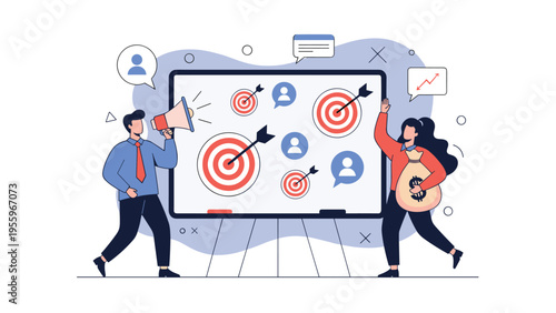 Business team works together using a whiteboard with multiple targets to reach goals and earn bags of money for their company.