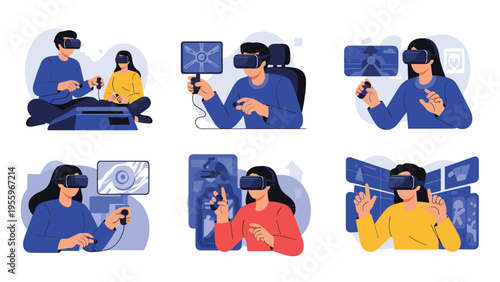 Diverse group of people experiences virtual reality for training, data analysis, and immersive entertainment using VR headsets.