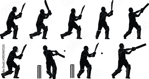 Cricket player silhouette collection showing batting poses with helmet, bat and stumps, black vector set for sports design and action illustration