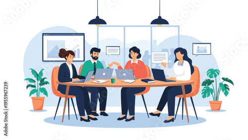 Team of business professionals holds a productive meeting around a large wooden table in a brightly lit modern office setting.