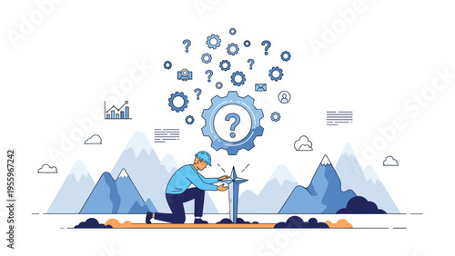 Technician in a blue uniform works to solve technical issues represented by gears and question marks in a mountain landscape.
