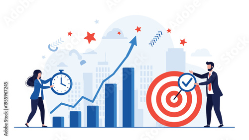 Business team reaches target goals and manages project deadlines effectively while tracking performance on a growth chart.