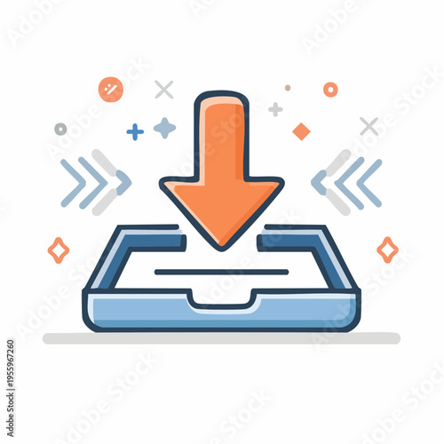 トレイへのダウンロード矢印アイコン データ保存とシステム導入
