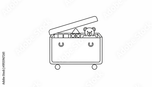 Open toy chest with teddy bear and blocks, children's storage, organized play