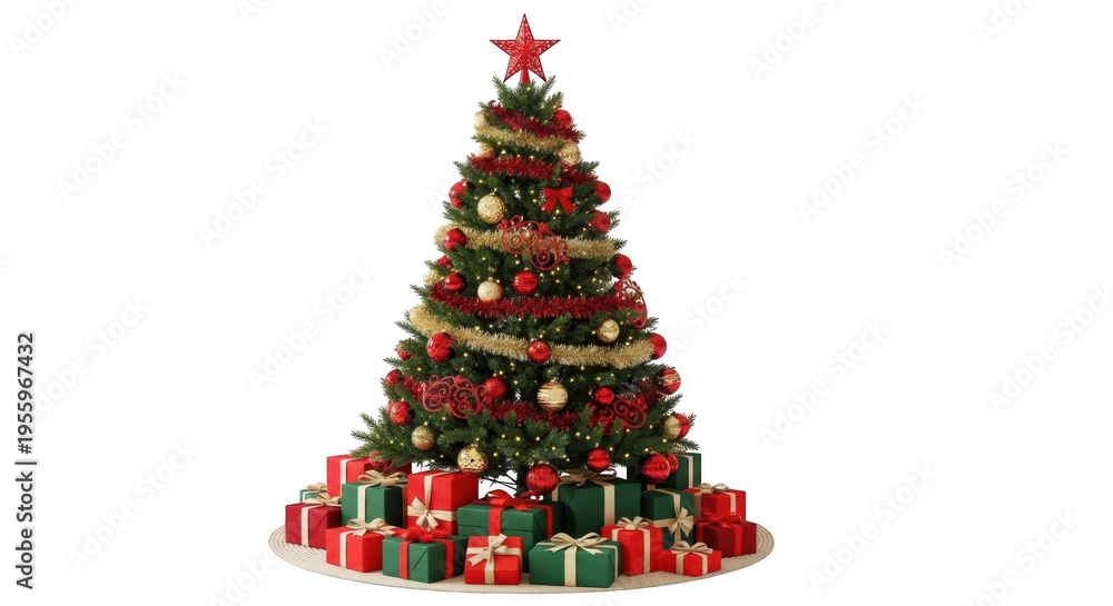 Fototapeta premium Decorated christmas tree with presents isolated on transparent background