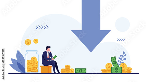 Worried businessman sits next to a large downward arrow and diminishing piles of money representing a financial crisis.