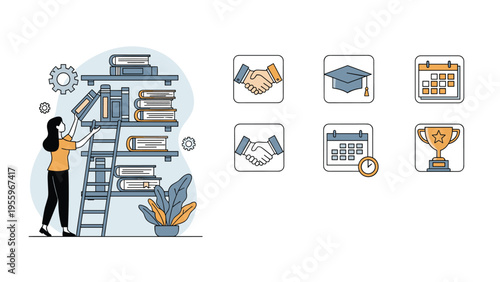 Woman organizing books on a high shelf alongside various icons representing education, partnership, and successful achievements.