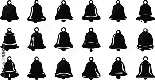 Bell silhouettes collection featuring various ringing shapes isolated vector set for holiday decoration, notification icons, festive design elements and graphic symbols
