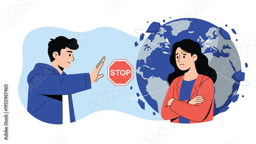 Young man extending his hand to stop cyberbullying and protect a sad woman from harmful influences in the digital world.