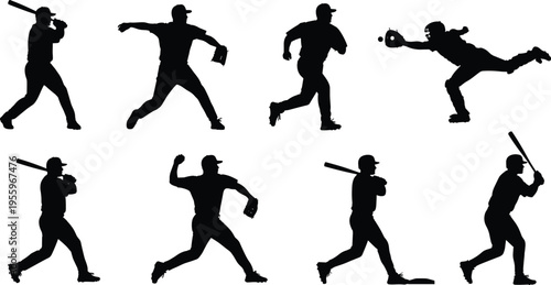 Baseball player silhouettes set with batting pitching running and catching poses, isolated vector illustration collection for sports design and team graphics