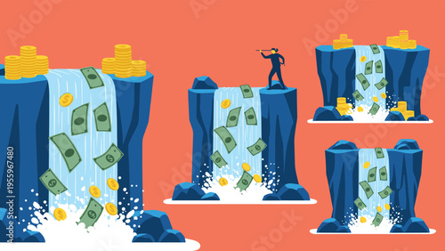 Financial waterfalls flowing with money and gold coins as a person observes the market for investment opportunities and growth.