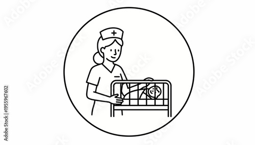 Nurse Caring for Newborn Baby in Hospital Crib, Medical Care Illustration