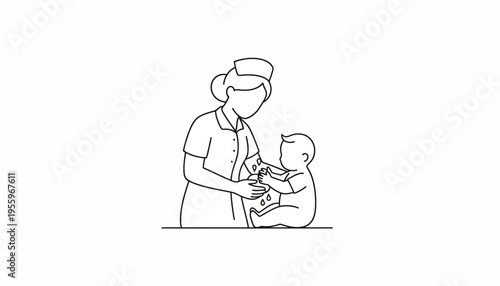 Nurse caring for baby, medical illustration, line art, healthcare concept