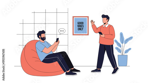 Two friends communicating and relaxing in a modern living room while using their smartphones for social interaction and entertainment.