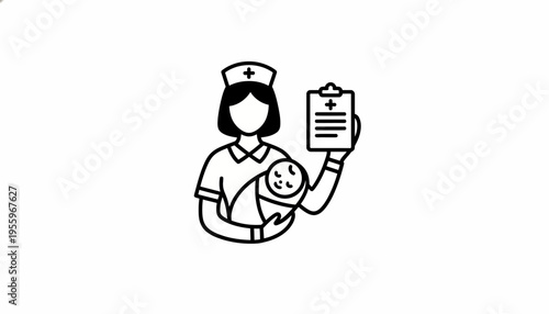 Nurse Holding Baby with Medical Chart Icon, Healthcare and Pediatrics Concept