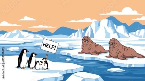 Group of penguins holding a help sign on a melting ice floe while large walruses observe them in the arctic landscape.