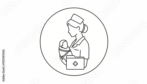 Nurse holding baby with medical folder icon, healthcare concept, vector illustration