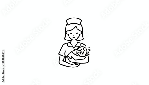 Nurse holding a crying baby in her arms, simple line drawing, black and white