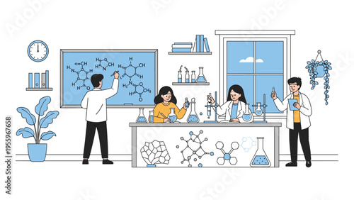 Students conducting chemistry experiments in a modern school laboratory with scientific equipment and molecular diagrams on the board.