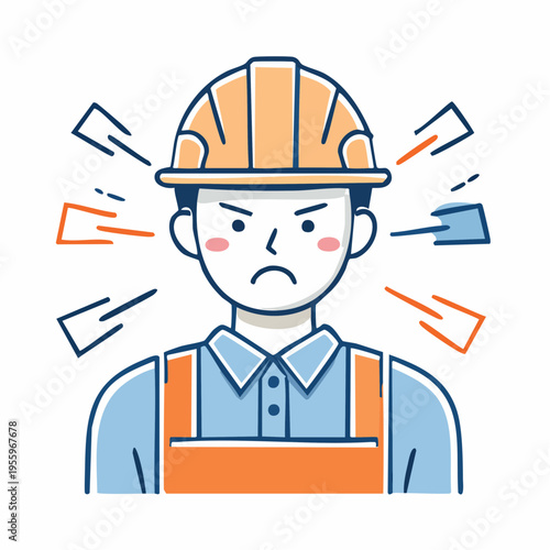 怒ってイライラする男性作業員のアイコン 現場のトラブルやストレス