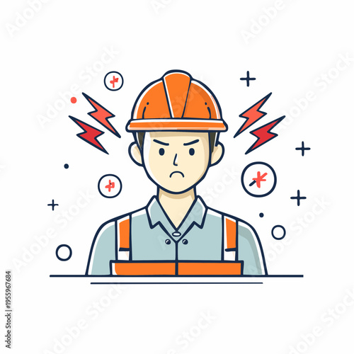 怒ってイライラする男性作業員のアイコン 現場のトラブルやストレス