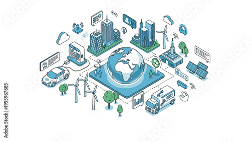 Isometric view of a smart city surrounding a globe with wind turbines, solar panels, and electric vehicles for green energy.