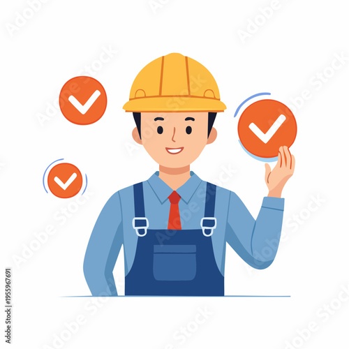 落ち着いて安全確認する男性作業員のアイコン 現場の安全第一と平穏