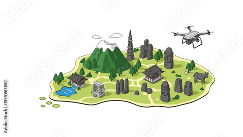 Advanced drone flying over a beautiful island landscape featuring traditional temples, mountains, and cultural stone monuments.