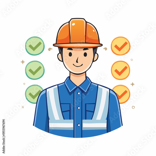 落ち着いて安全確認する男性作業員のアイコン 現場の安全第一と平穏