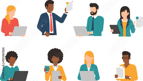 Diverse group of people working on laptops and reading documents in office setting