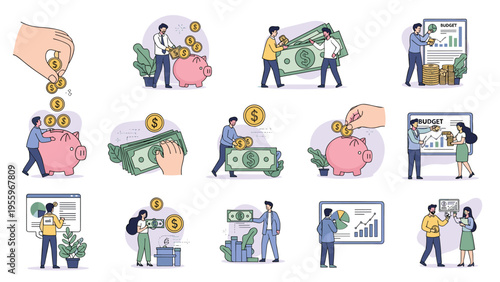 Diverse scenes showing people saving money in piggy banks and analyzing financial budgets for personal and business wealth.