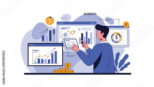 Professional analyst monitoring various financial charts and graphs on digital screens for business data research and growth.