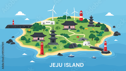 Detailed map of Jeju Island featuring traditional temples, stone monuments, lighthouses, wind turbines, and beautiful ocean scenery.