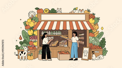 Two women working in a charming local market filled with a variety of fresh fruits, vegetables, and homemade bread.