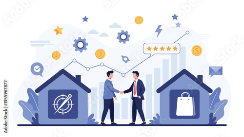 Two professional men shaking hands in front of home and shop icons to represent a successful real estate and retail partnership.