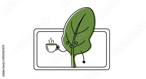 Funny spinach leaf character holding a coffee cup, cartoon style, isolated on white background
