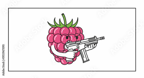 Funny Raspberry Character Holding a Gun, Cartoon Style