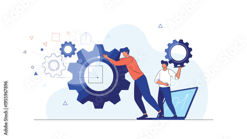 Team of professionals moving large gears together to symbolize cooperation and the smooth operation of a business system.